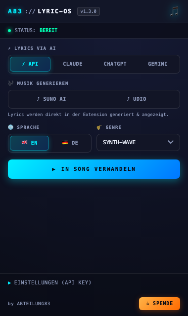 a83-lyric-os — Turn Any Webpage into AI Song Lyrics for Suno & Udio
