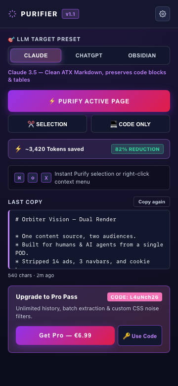 AI Context Purifier — Page Purifier & Token Saver for ChatGPT and Claude
