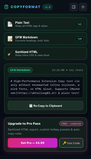 CopyFormat — Rich Text & HTML Cleaner for GFM Markdown and Plain Text