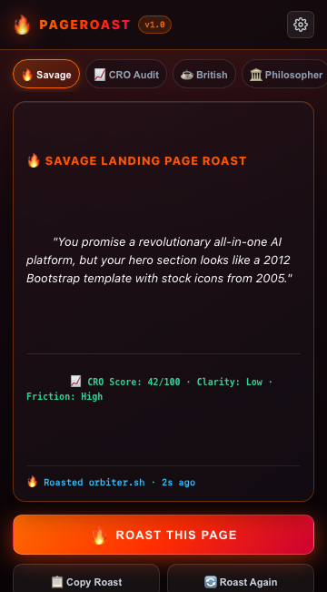 PageRoast — Hilarious 1-Click Landing Page Roast Generator
