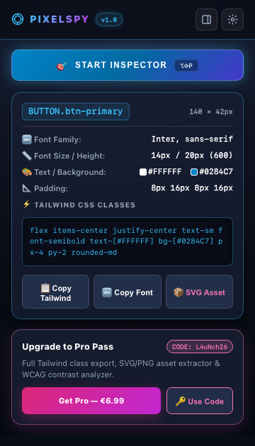 PixelSpy — Visual CSS & Tailwind Inspector with WCAG Color Contrast Analyzer