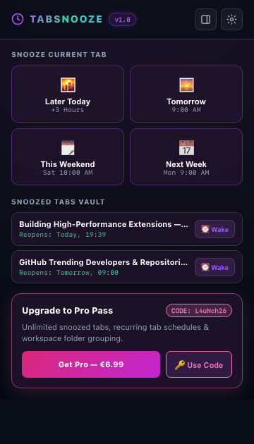 TabSnooze — Scheduled Tab Reminder & Workspace Snoozer with Background Alarms