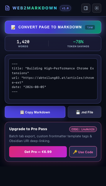 Web2Markdown — Full Page Article to Clean GFM Markdown Converter for Obsidian & AI